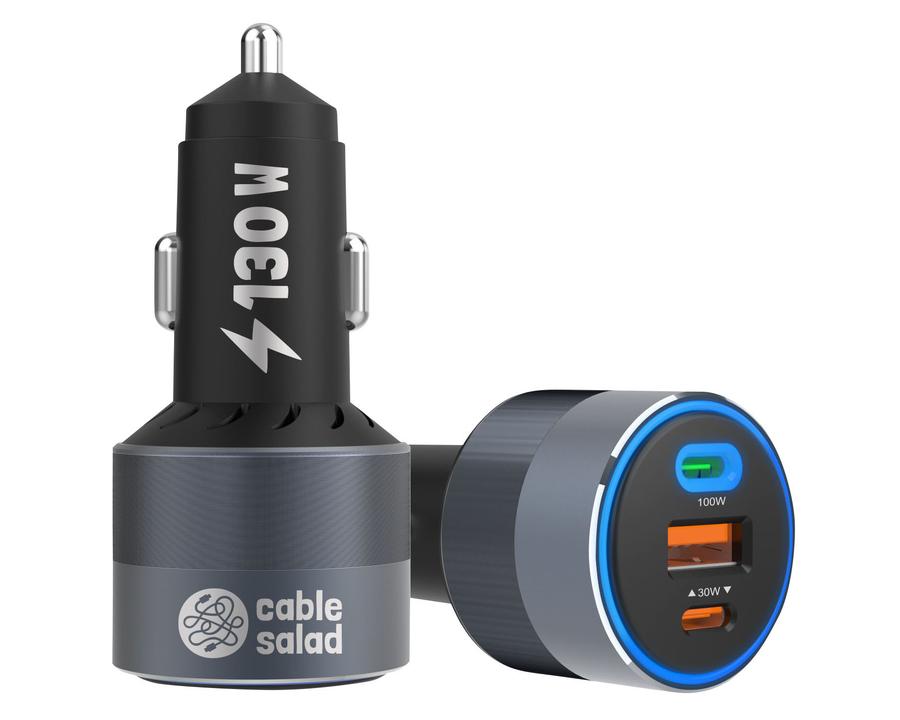 cable salad car charger 130 Watt, USB-A und USB-C, 12-V-KfZ-Adapter bis 24 V