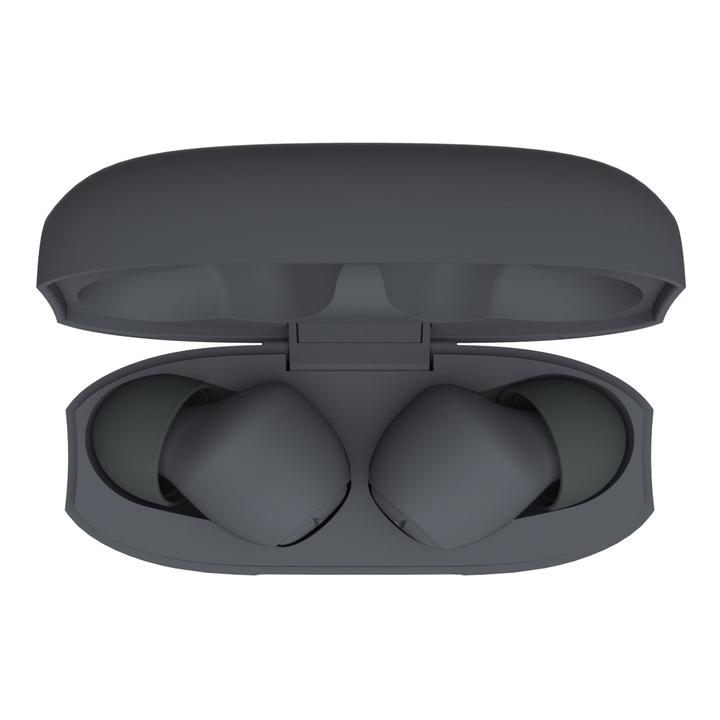 graue umweltfreundliche Bluetooth-Kopfhörer in Ladestation, Ansicht von oben, grau