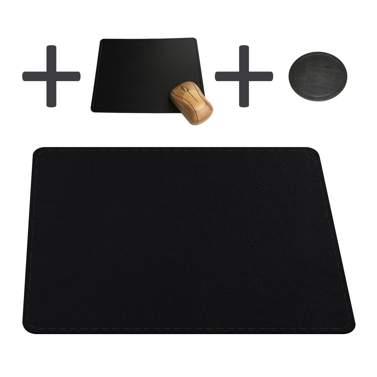 Set Schreibtischunterlage + Mousepad + Untersetzer Recyclingleder schwarz rund