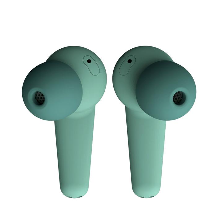 grüne fairtrade Earbuds, passend zum Fairphone 4, Kopfhörer für Fairphone, Frontansicht