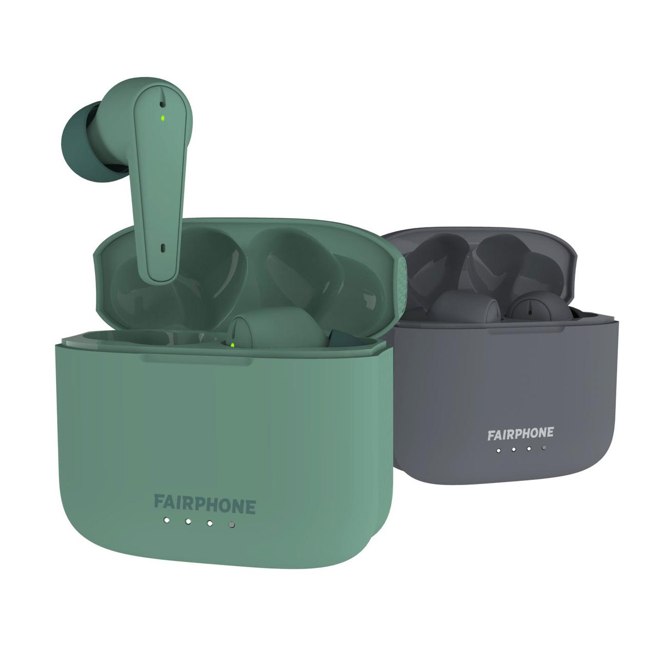 kabellose In-Ear-Kopfhörer mit Ladebuchse, erhältlich in 2 Farben, grün oder grau, wie das Fairphone 4